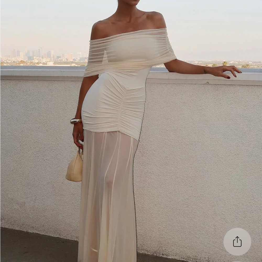 Meshki Caspian Slinky And Mesh Off the Shoulder Maxi Dress in Ivory